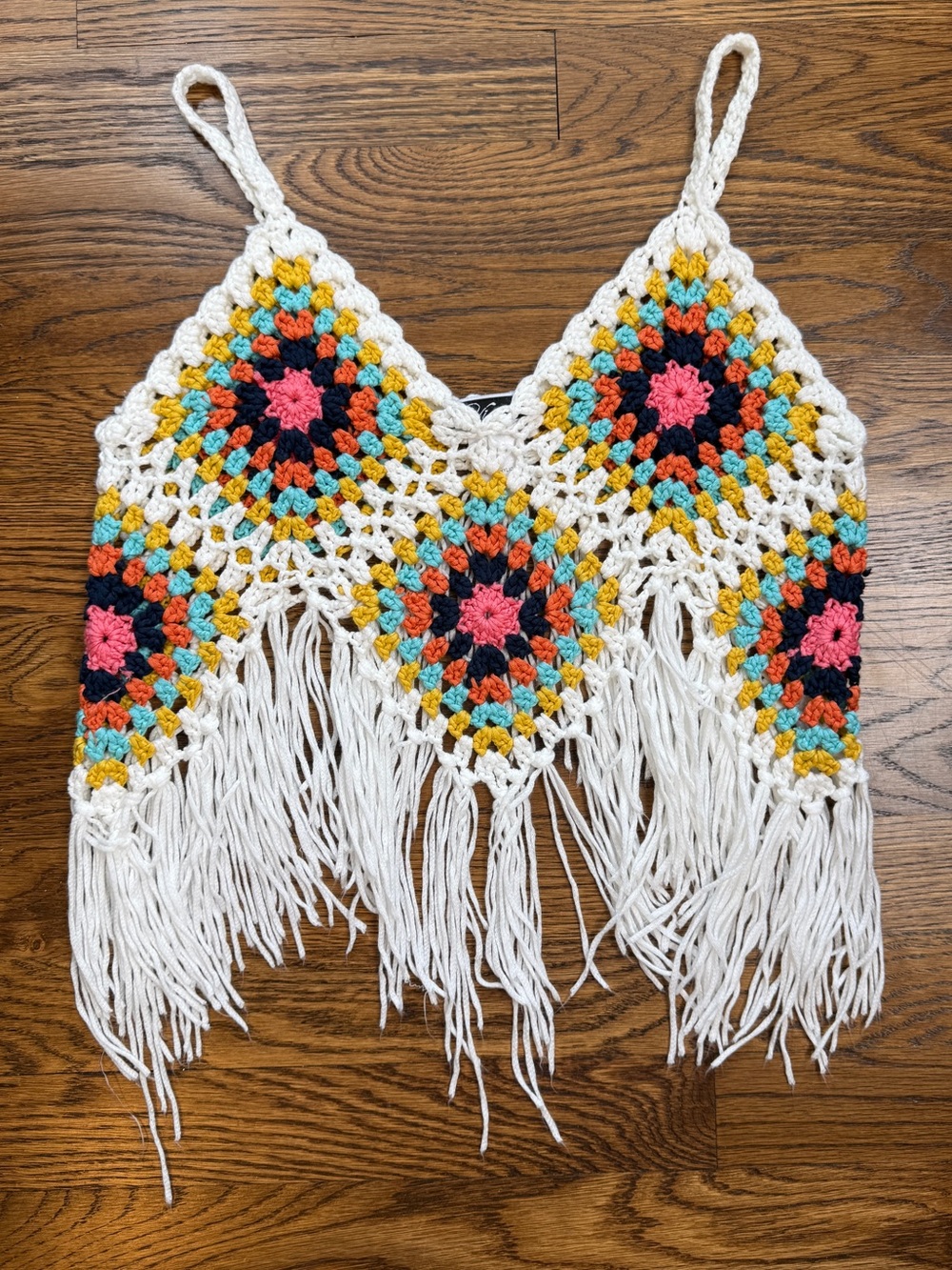 Vivid Women’s Patchwork Crochet Granny Square Fringe Boho Festival Retro Tank M